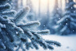 © StockArtEmpire.AI - Snow covered fir branches, snowdrift against defocused blurred forest and falling snow.