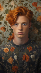 Fashion model in floral grey shirt. Young ginger hair male model posing in front of a floral wall in orange and green color. Busy floral concept with amber tones dominating. Fashion editorial.