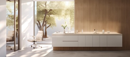 Sticker - The dental clinic's interior, with its minimalist style incorporating wood, white marble, and trees, appears beautiful and comfortable.