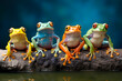 3D rendered studio portrait of cute colourful tree frogs on log