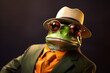 3D rendered funny studio portrait of frog wearing hat and glasses