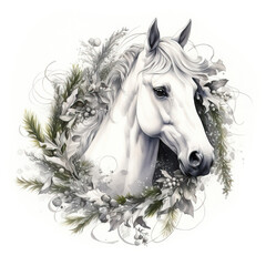 Wall Mural - Illustration of a white horse's head in a Christmas wreath