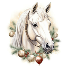 Wall Mural - Illustration of a white horse's head in a Christmas wreath