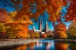 A 3D rendering of autumn in Albany, New York, with a mix of realism and fantasy, incorporating whimsical elements like floating leaves and surreal lighting to evoke a magical atmosphere