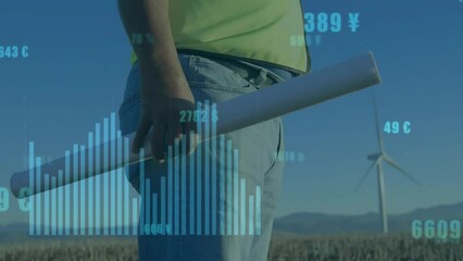 Poster - Animation of financial data processing, wind turbine and caucasian engineer
