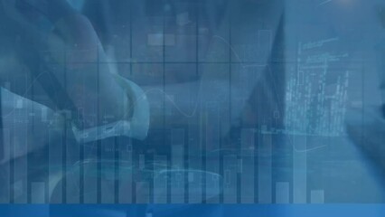 Poster - Animation of financial data processing over biracial woman paying with smartwatch