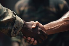 soldiers shaking hands. war peace and end. ceasefire and reconciliation. generative ai