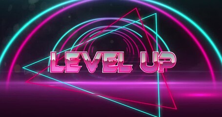 Poster - Animation of high score text in pink shiny letters over pink and blue neon tunnel on black