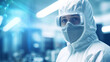 © Dirk - copy space, stockphoto, portrait of a technician in spacial clothing in a semiconductor production clean room. High tech technology. Semi conductor production plant. Clean room worker. Engineer portra