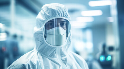 copy space, stockphoto, portrait of a technician in spacial clothing in a semiconductor production clean room. High tech technology. Semi conductor production plant. Clean room worker. Engineer portra