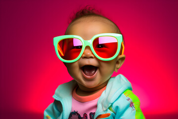 Wall Mural - funny studio portrait of baby wearing sunglasses with glowing neon lights background