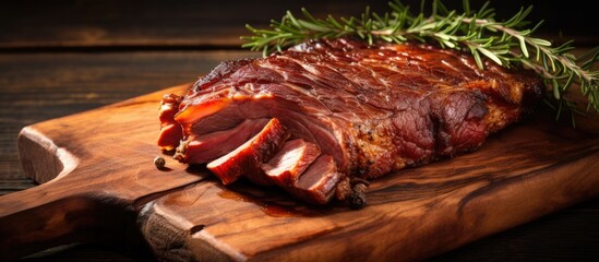 Canvas Print - Close-up of wooden board displaying smoked pork leg.