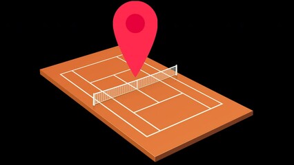 Animation of a map marker jumping in a loop on a clay tennis court indicating the geographic position of the court on a green background with transparency and alpha channel