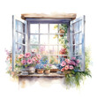 Watercolor cottage window with flowers