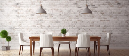 Sticker - Contemporary dining room with white brick wall and wooden floor.