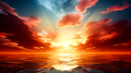 Wall Mural - Red Sunset over the sea with clouds and waves. Generative AI technology.