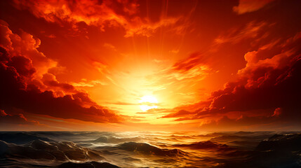 Wall Mural - Red Sunset over the sea with clouds and waves. Generative AI technology.