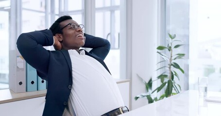 Poster - Business man, stretching and happy on computer for financial success, proposal and accounting report. African accountant or worker typing on desktop with office health, achievement or relax on break