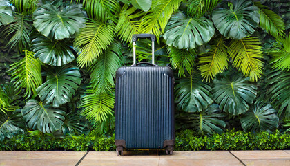 Luggage Suitcase Against a Background of Green Exotic Tropical Plants Wall