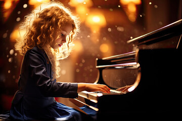 A young girl engages in a piano concert, embracing the beauty of music, education, and creative expression in her early years.