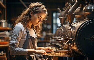 Wall Mural - A young woman is shown in a side shot, using machines at a coffee roastery. .