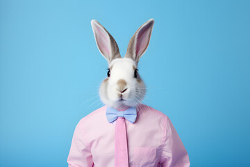 Wall Mural - white rabbit in a pink shirt isolated on blue background