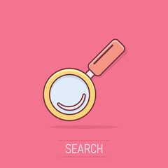 Poster - Vector cartoon loupe icon in comic style. Magnifier sign illustration pictogram. Search business splash effect concept.