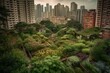 Garden city park. Abandoned neighborhood covered with plants houses. Generate AI