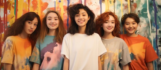 Wall Mural - a group of young smiling kids standing next to each other in their fashion t-shirts