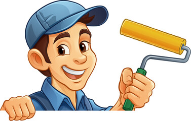 Poster - A painter decorator handyman cartoon construction man mascot character holding a paint roller tool