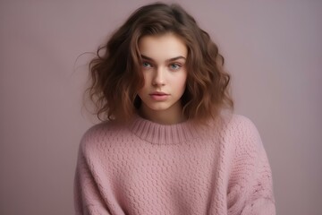 Wall Mural - Portrait of a young female model in a purple loose sweater.