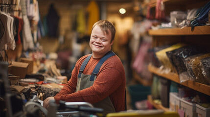 Young Man Downs Syndrome Happy Working Job