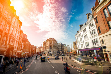 London city street view with sunray effect