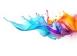 A rainbow colored water splash on a white background.