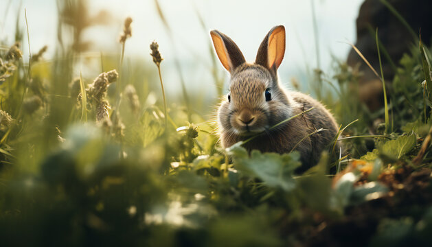 Recreation of cute rabbit in the field	