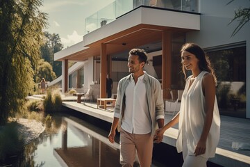 Wall Mural - A woman and a man are a couple on the background of a stylish modern country house