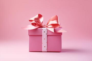 Wall Mural - A picture of a pink gift box with a ribbon and bow on a pink background