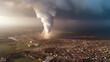 A view of a destructive tornado from a height, with a thundercloud rotating overhead.