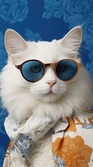 Canvas Print - A white cat wearing sunglasses and a shirt. Generative AI.