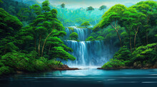 Painting Of High Cascading Waterfalls In A Remote Tropical Jungle - Flowing River With Crystal Clear Blue Water, Lush Green Vegetation And Trees - Scenic Otherworldly Beauty Paradise.  