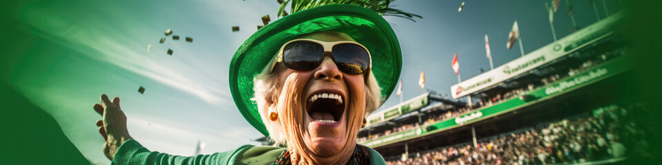 Canvas Print - A woman wearing a green hat and sunglasses. Generative AI.