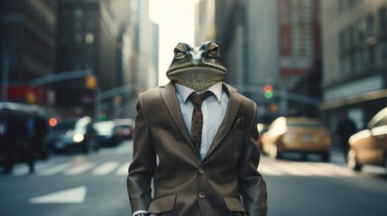 Canvas Print - A man in a suit and tie with a frog on his head. Generative AI.