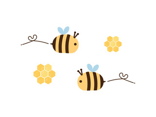 Sticker - Bee cartoon with heart line and honey sign symbol isolated on white background vector illustration.