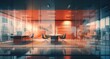 © radekcho - Blurred background of a modern office interior in gray tones with panoramic windows, glass partitions and orange color accents. Empty open space office. Abstract light bokeh at office interior.
