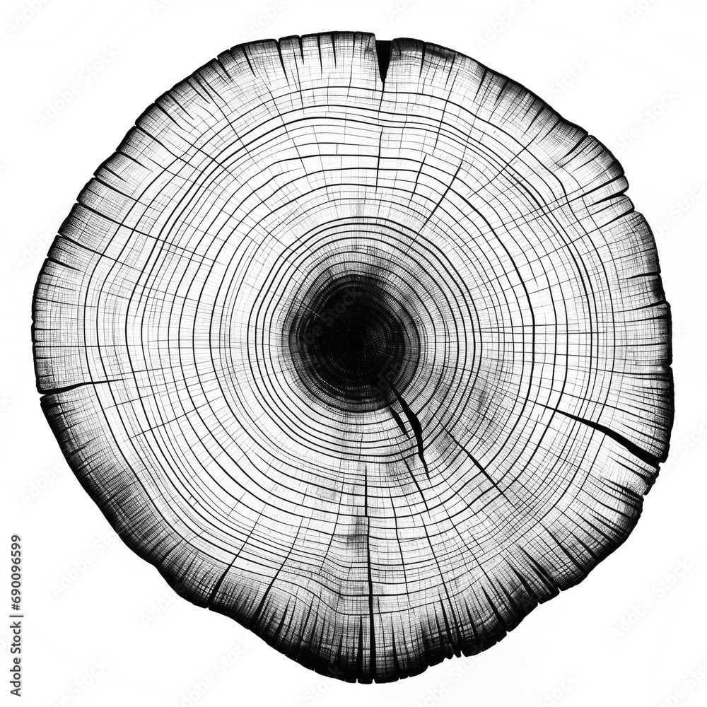 A graphic print of uneven black tree rings, wavy space between some ...