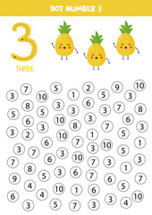 Wall Mural - Find and dot number three. Learning number 3 with cute pineapples. Educational worksheet.