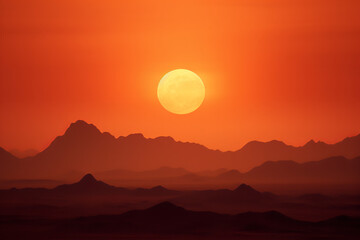 Poster - Intense heat waves ripple over a serene desert landscape at sunset - with vibrant orange and red hues painting the scorching scene.