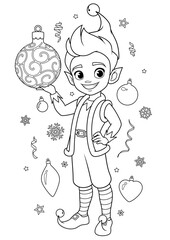 Cute happy Elf boy with Christmas ball. Santas little helper coloring book page for kids vector illustration.