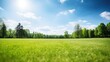 © radekcho - Beautiful blurred background image of spring nature with a neatly trimmed lawn surrounded by trees against a blue sky with clouds on a bright sunny day.