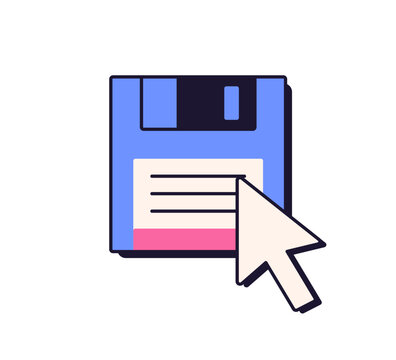 Mouse cursor on diskette, floppy disk symbol. Arrow pointer pointing at magnetic disc, file in old retro computer style of 90s and 00s design. Flat vector illustration isolated on white background